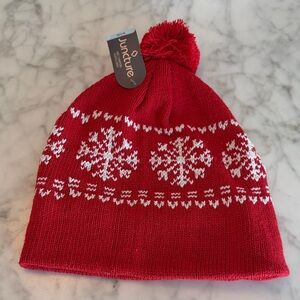 Juncture Red Snowflake Knit lined Beanie NWT